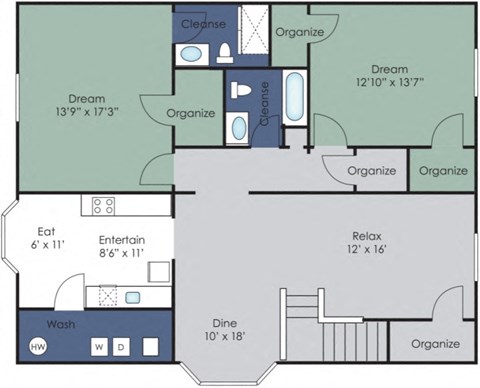 Floor plan for 2 beds, 2 baths, 1420 sqft
